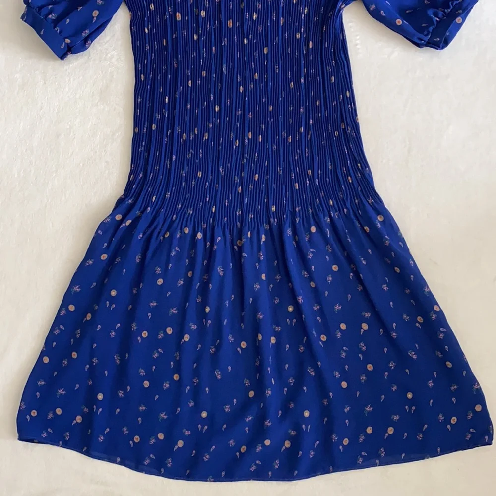 Vintage | Puff Sleeve Accordion Pleat Drop Waist Midi Dress Blue Floral Boho - Picture 4 of 16